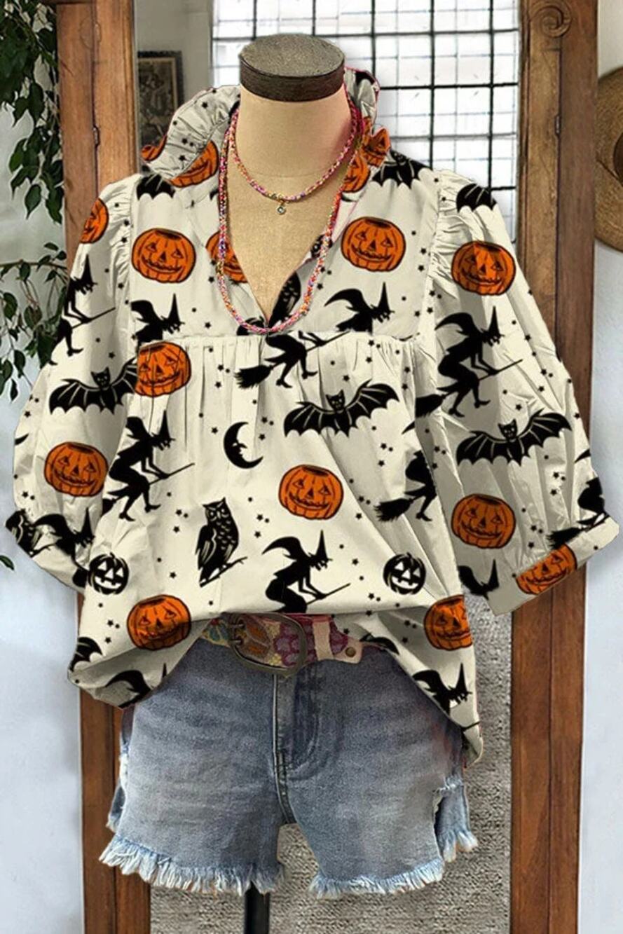 Women’s Plus Size XXXL Halloween Witch Pumpkin Bat Owl Babydoll Blouse
